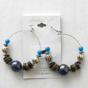 Blue Multi Color Beaded Hoop Earrings Silver Tone